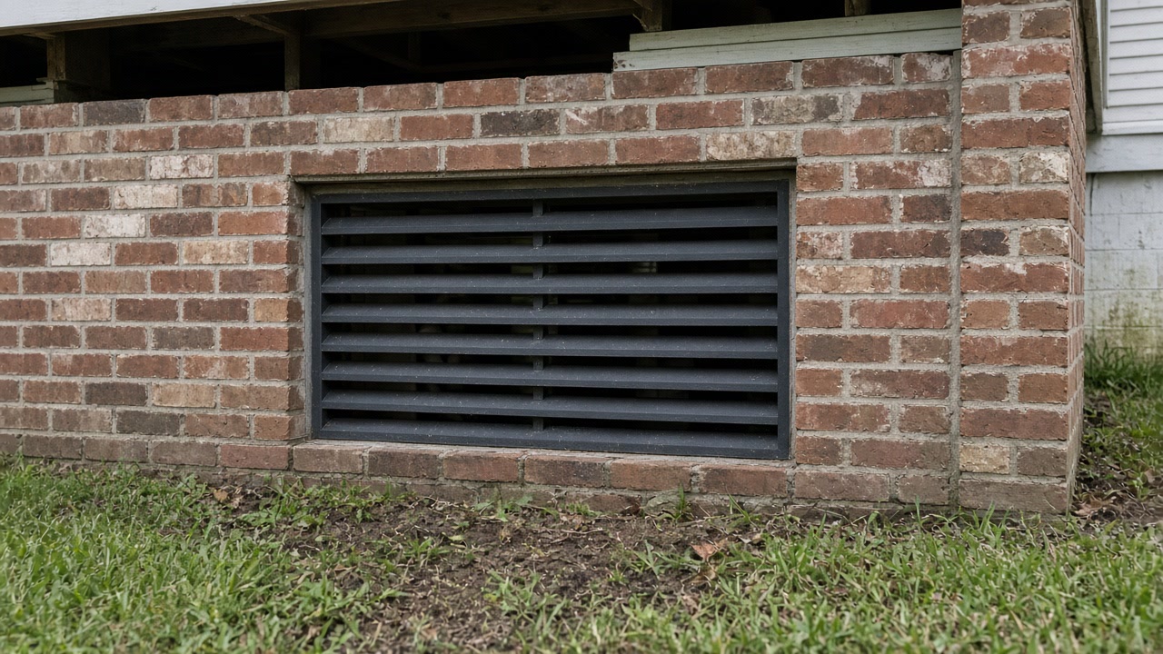 Louvered foundation vent set in a red brick pier wall above grass