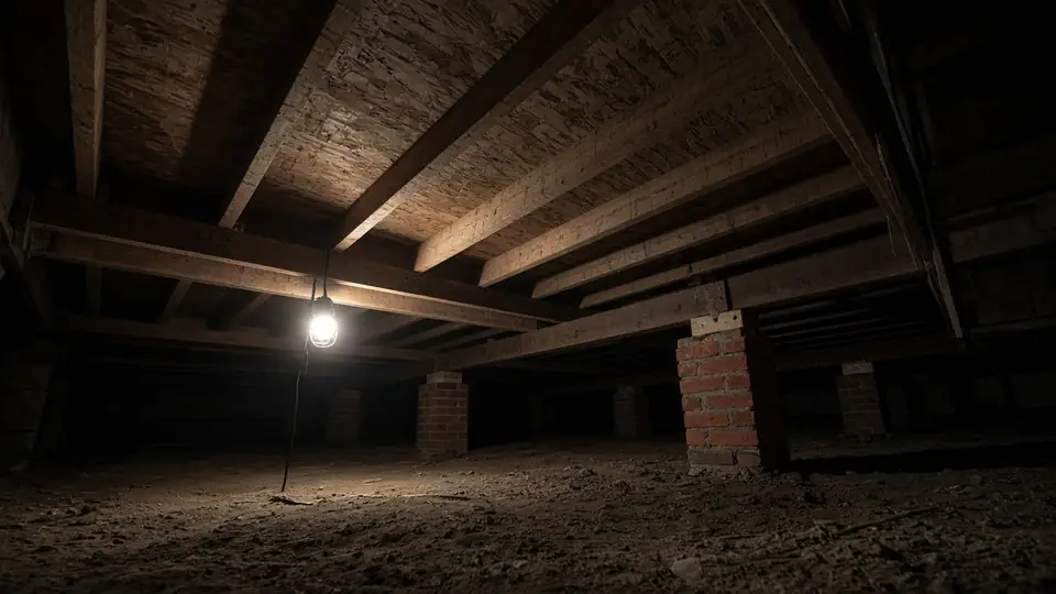 The crawl space under a raised house: wood joists on brick piers over bare ground, lit by one work light