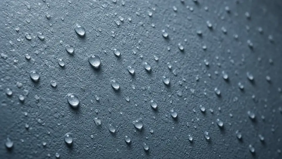 Drops of water beaded on a textured grey wall