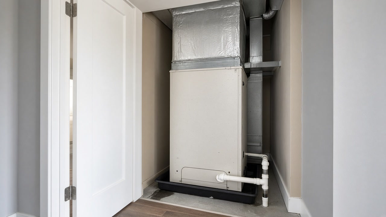 Residential air handler in a utility closet with insulated plenum, drain pan and PVC lines