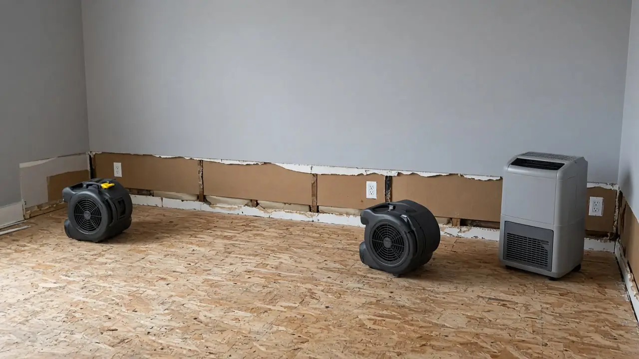 Bare plywood floor with a pair of blower fans and a standing dehumidifier, and the bottom strip of wall board cut away